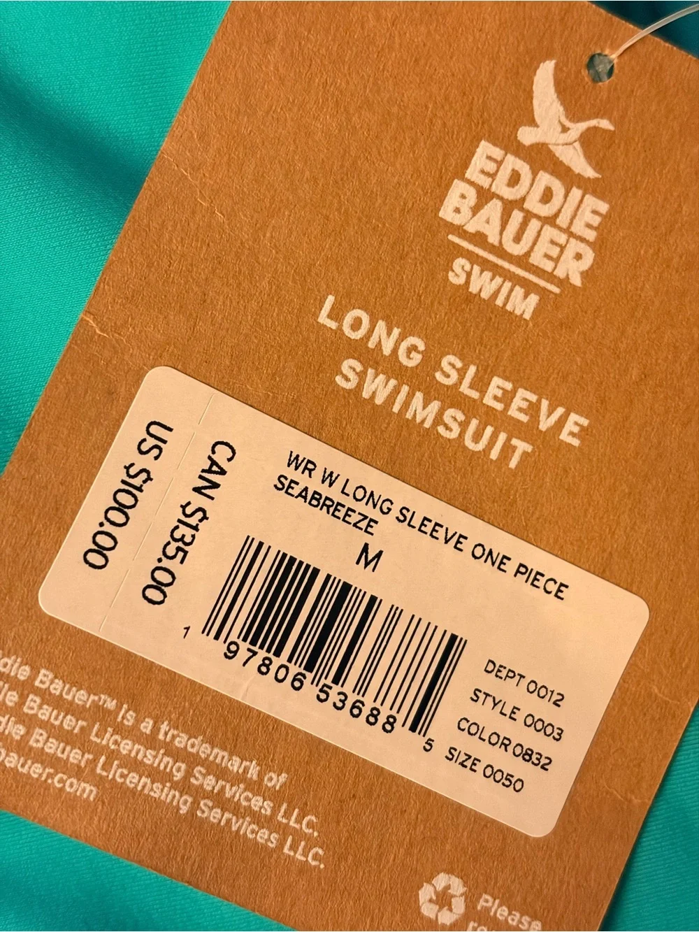 * New Eddie Bauer Seabreeze Teal Long-Sleeve Swimsuit SZ Medium Retail $100 *